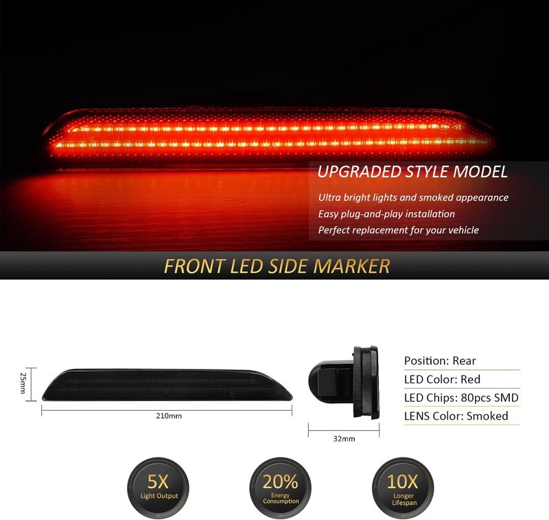 Best View 2PCS Rear Side Marker Lights for Ford Mustang 2015-2023: Red LED Rear Fender Lights Reflectors, Led Bumper Side Marker Lamps Kit Assembly with Smoked Lens, Side Marker Parking Lamps - Image 2